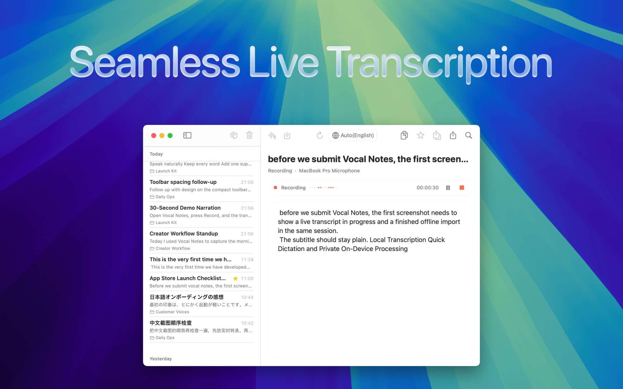 Real-time live transcription in Vocal Notes