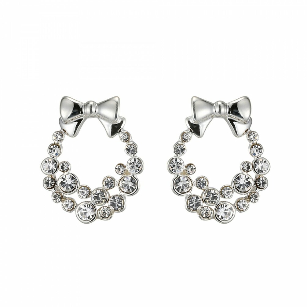 Christmas Wreath Bow Stud Earrings Silver