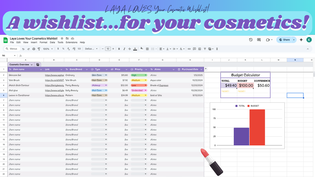 Cosmetic Wishlist: Google Sheet Beauty Budget Buddy!