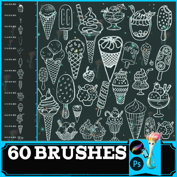 procreate brush ps brush dessert ice cream summer drink line drawing auxiliary illustration popsicle ice cream, Dessert Stamp Brushes by best procreate brushes