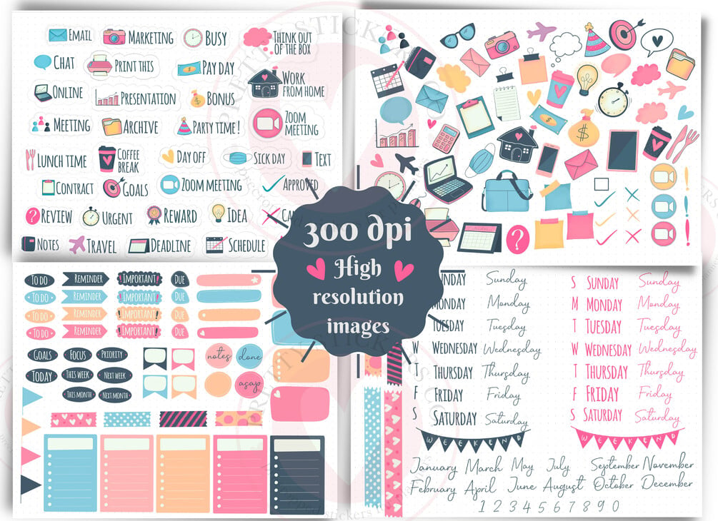 WORK/ OFFICE Digital Stickers for GoodNotes Planner, GoodNotes Stickers,  Pre-cropped Digital Planner Stickers, Bonus Undated Monthly Page