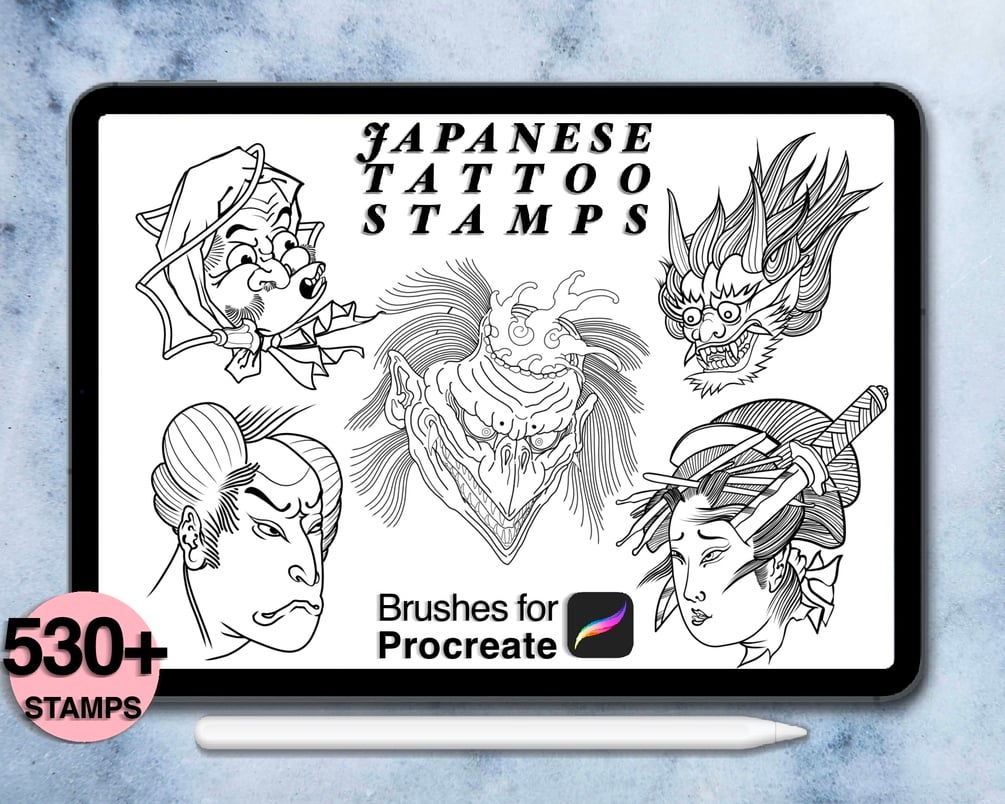 530 Japanese tattoo procreate stamps | Dragon, Tiger, Carp, Snake, Hannya,  Samurai, Daruma, Skull,.