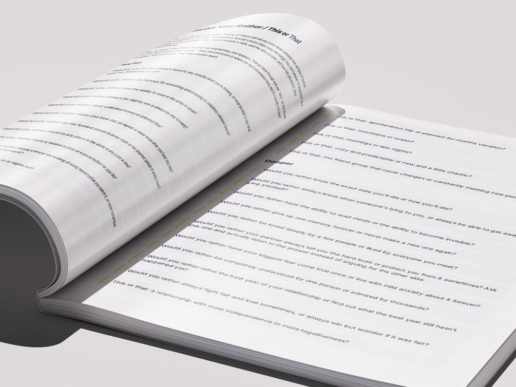 The Closeness Deck open to pages of structured questions