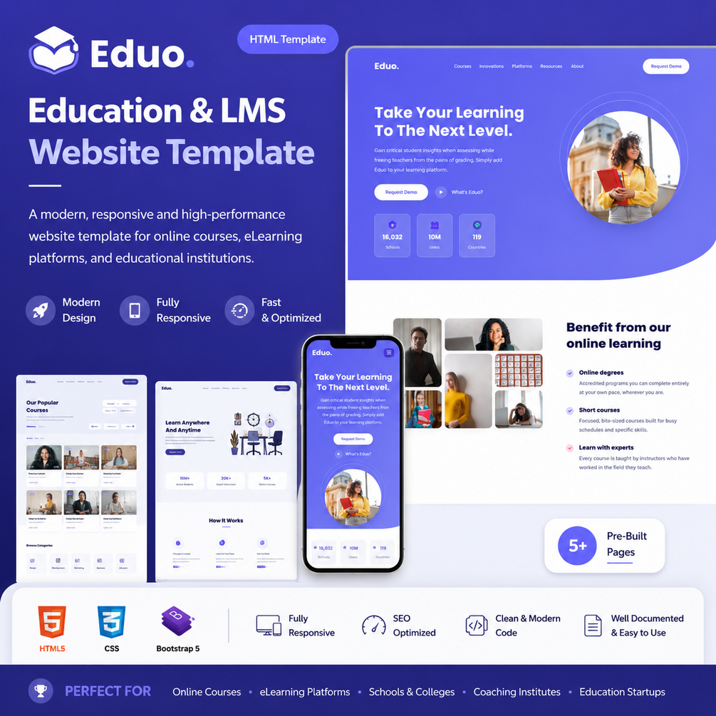 Wide desktop walkthrough for Eduo — Premium Education & LMS Website Template (HTML + WordPress + Elementor)