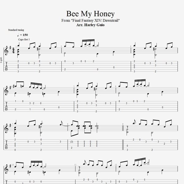 Bee My Honey (Final Fantasy XIV) fingerstyle guitar tab PDF by Harley Guio