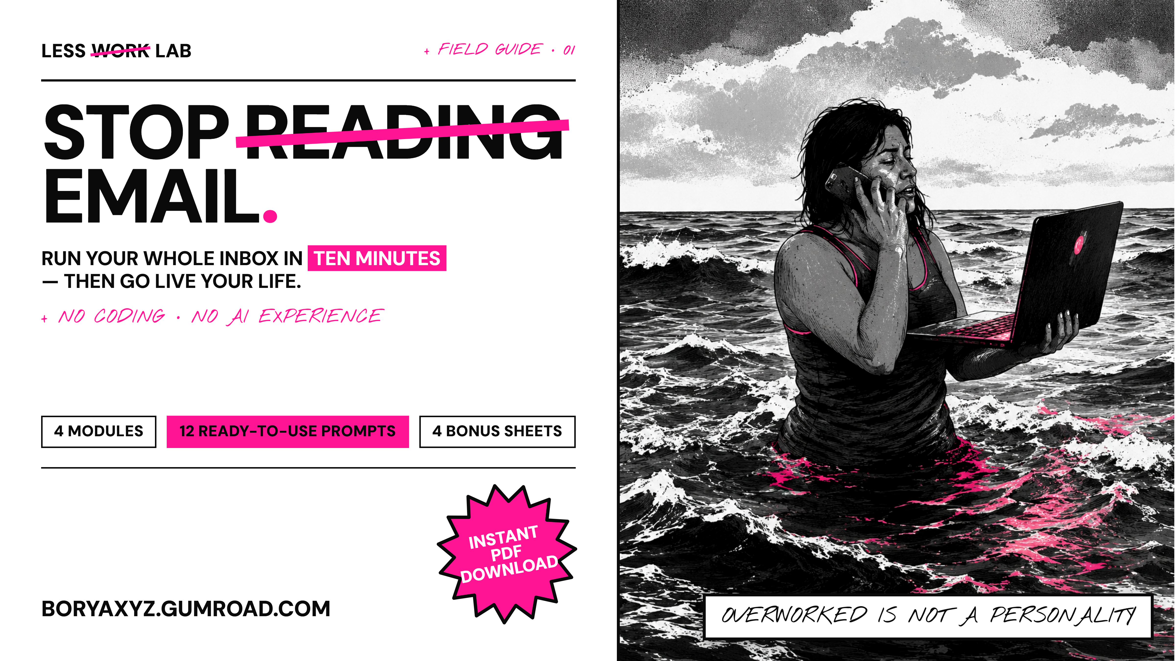 STOP READING EMAIL workbook cover showing a woman holding a laptop in a black-and-white ocean scene