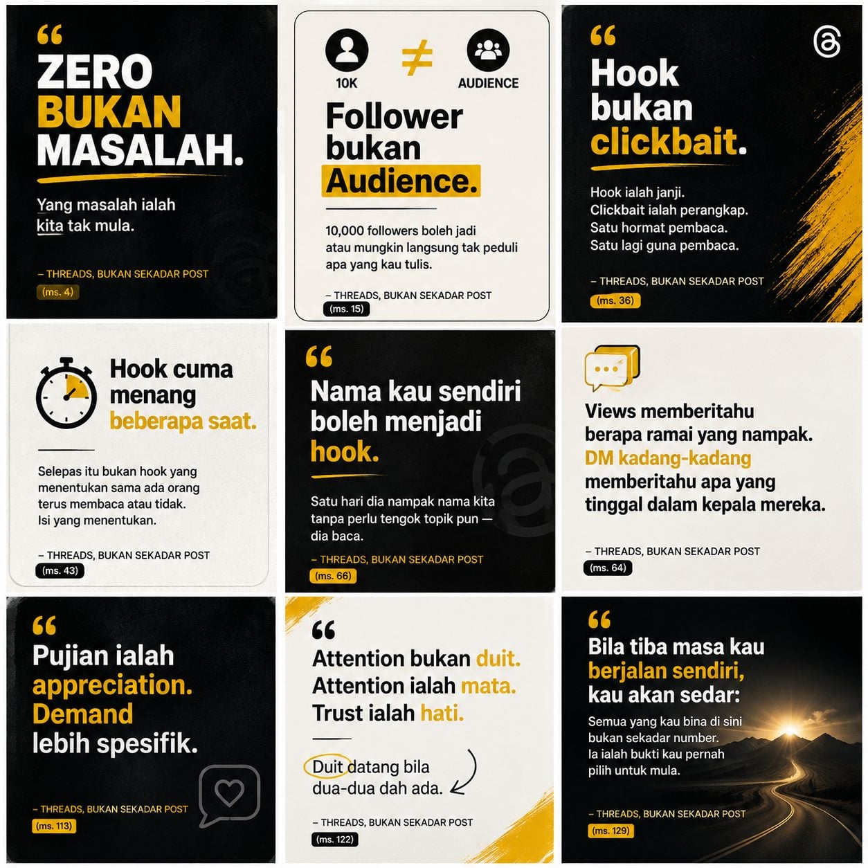 Kolaj beberapa halaman quote dan visual daripada buku Threads, Bukan Sekadar Post.