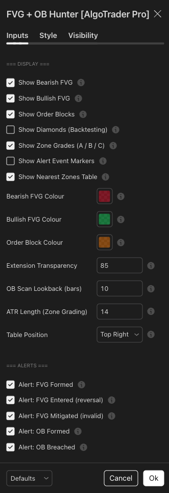 Full settings panel — toggle FVGs and OBs independently, con
