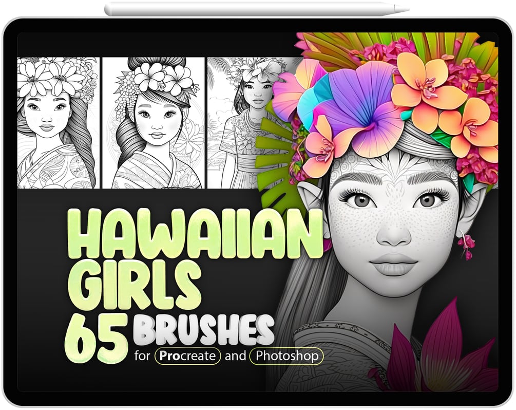 65 Hawaiian Beautiful Girls Brushes Collection for Procreate and Photoshop by ProCreativeBreeze