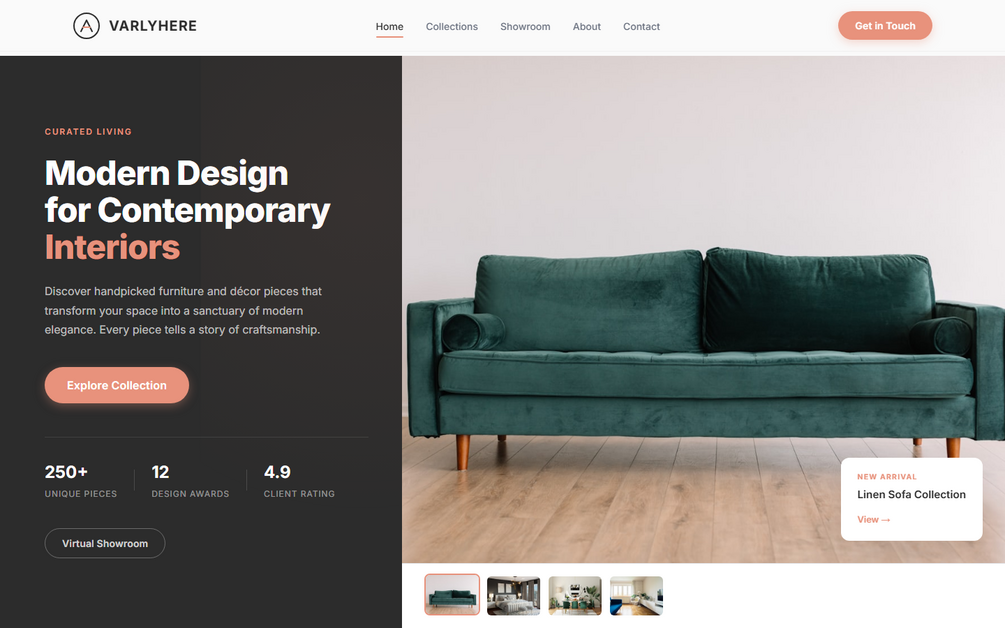 Mobile walkthrough for VARLYHERE – Premium Modern Furniture & Interior Design Website Template (HTML5 + Bootstrap 5 + WordPress + Elementor) 