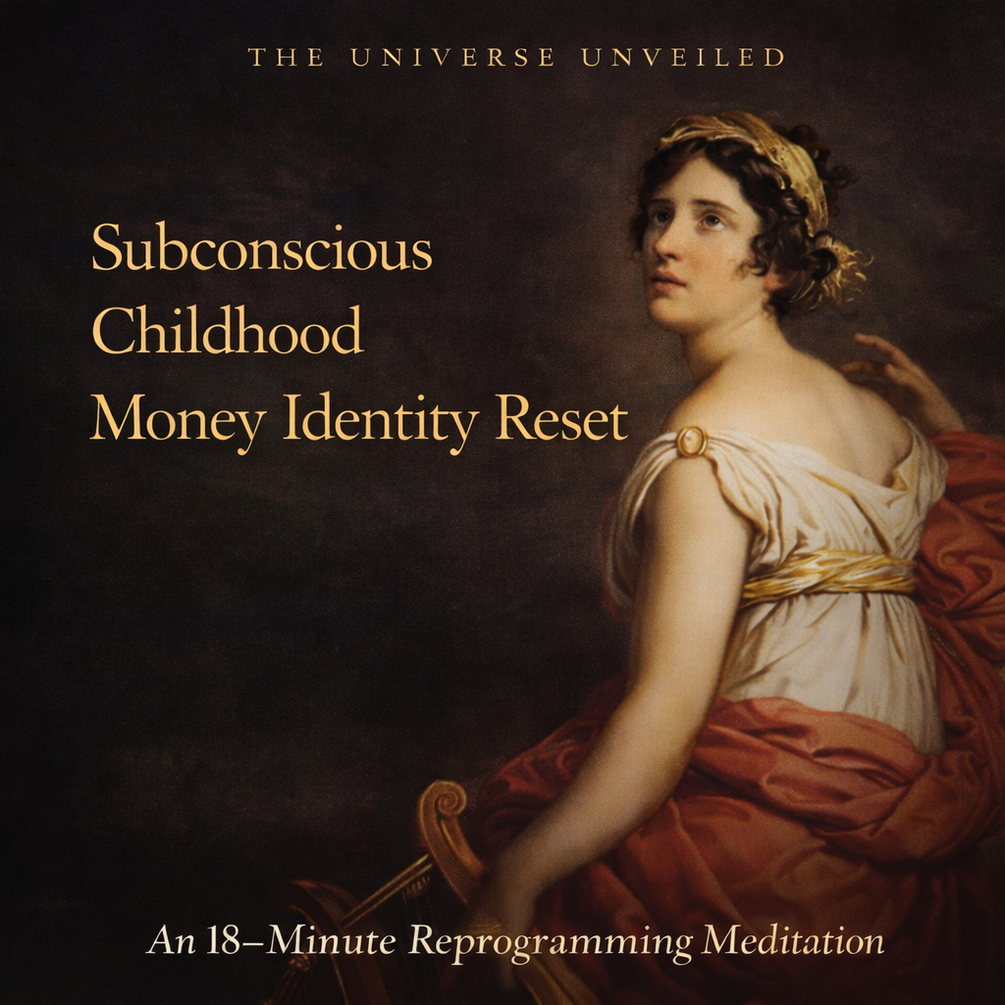 Subconscious Childhood Money Identity Reprogramming Meditation cover featuring neoclassical psychological artwork