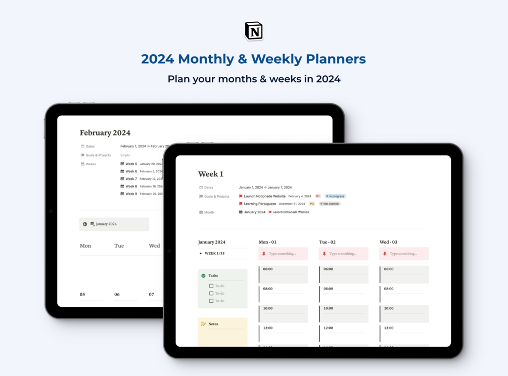 2024 Monthly & Weekly Planners Notion Template