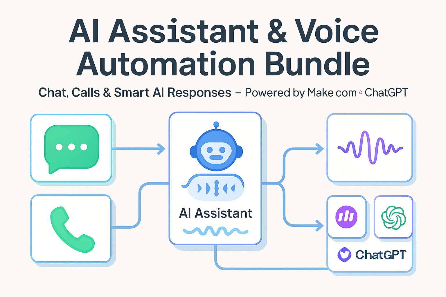 AI Assistant & Voice Automation diagram showing chat, call, and AI response workflows powered by Make.com and ChatGPT