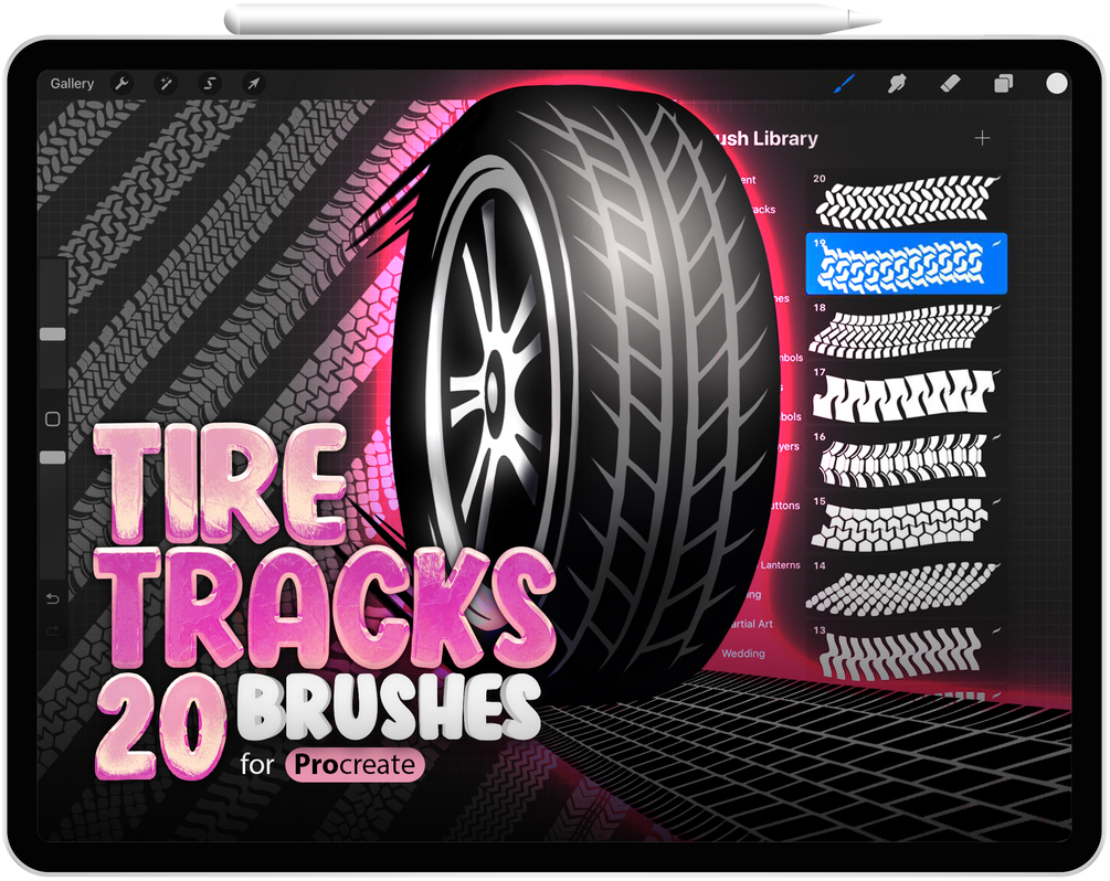 20 Procreate Tire Tracks Brushes Collection by ProCreativeBreeze
