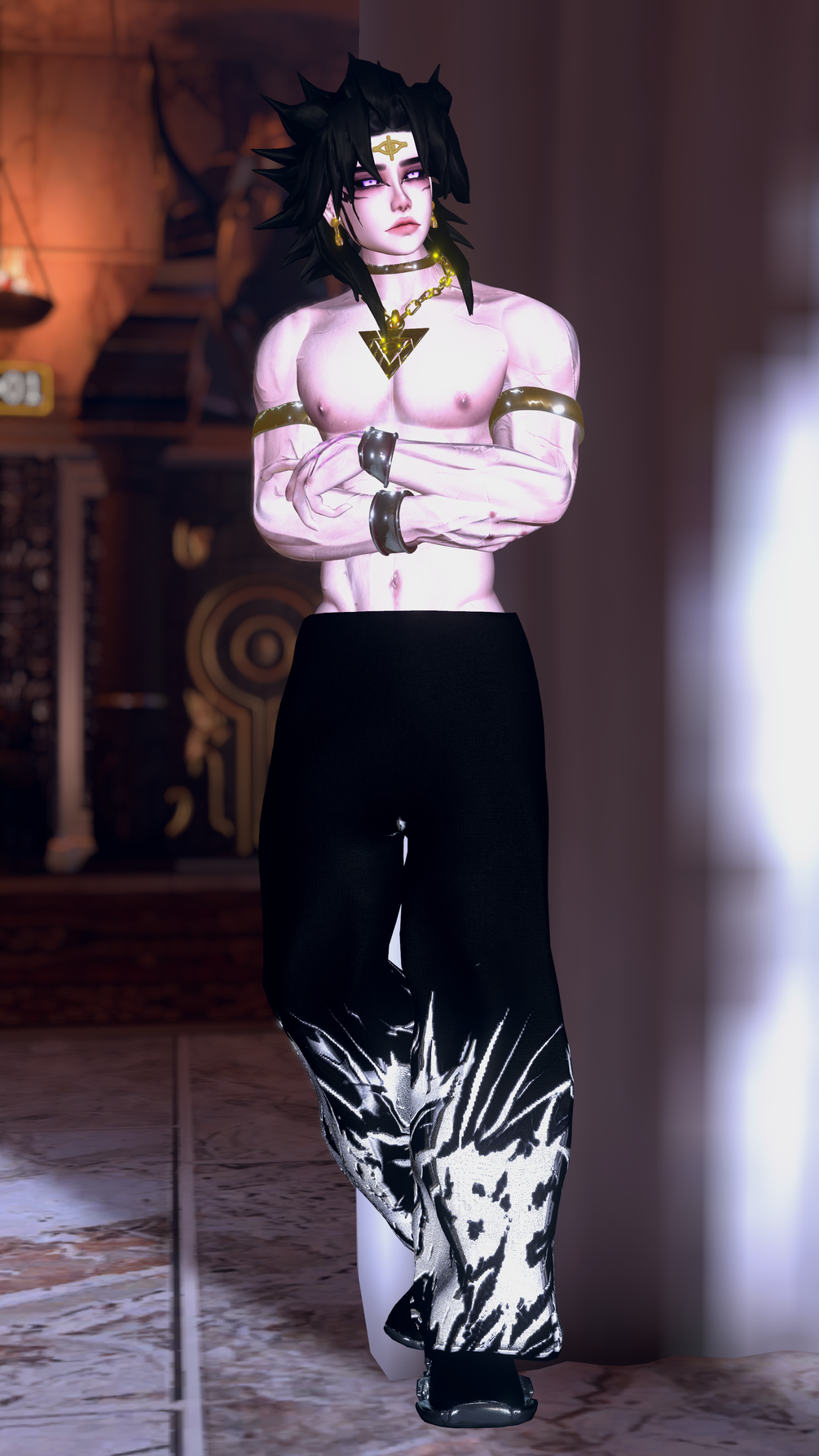Ankhu — bare chest with gold armbands and pendant, baggy printed trousers, inside the temple
