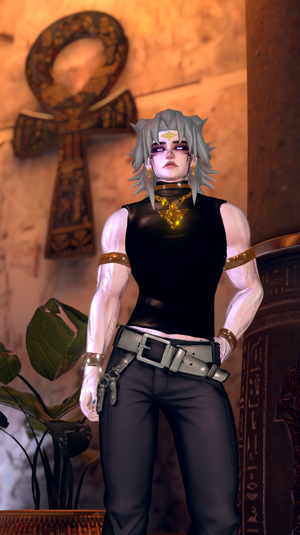 Ankhu — white hair and forehead sigil, gold armbands and pendant, a great carved ankh on the wall behind
