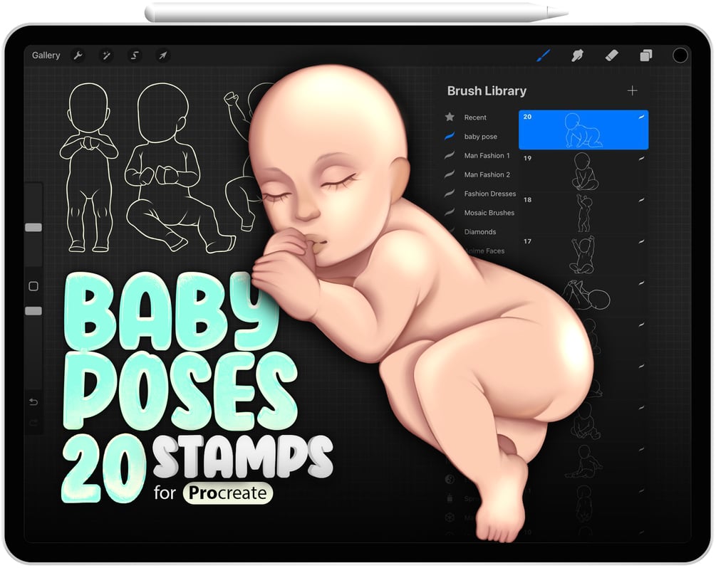 20 Procreate Baby Poses Stamp Brushes Collection by ProCreativeBreeze