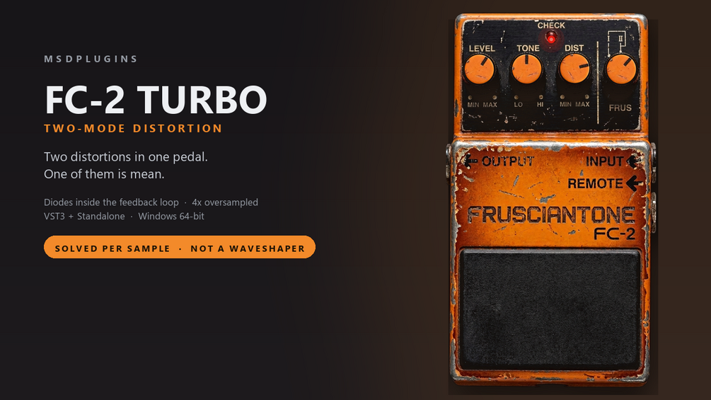 FC-2 Turbo plugin interface: an orange stompbox with LEVEL, TONE, DIST and mode controls, and a lit CHECK lamp.