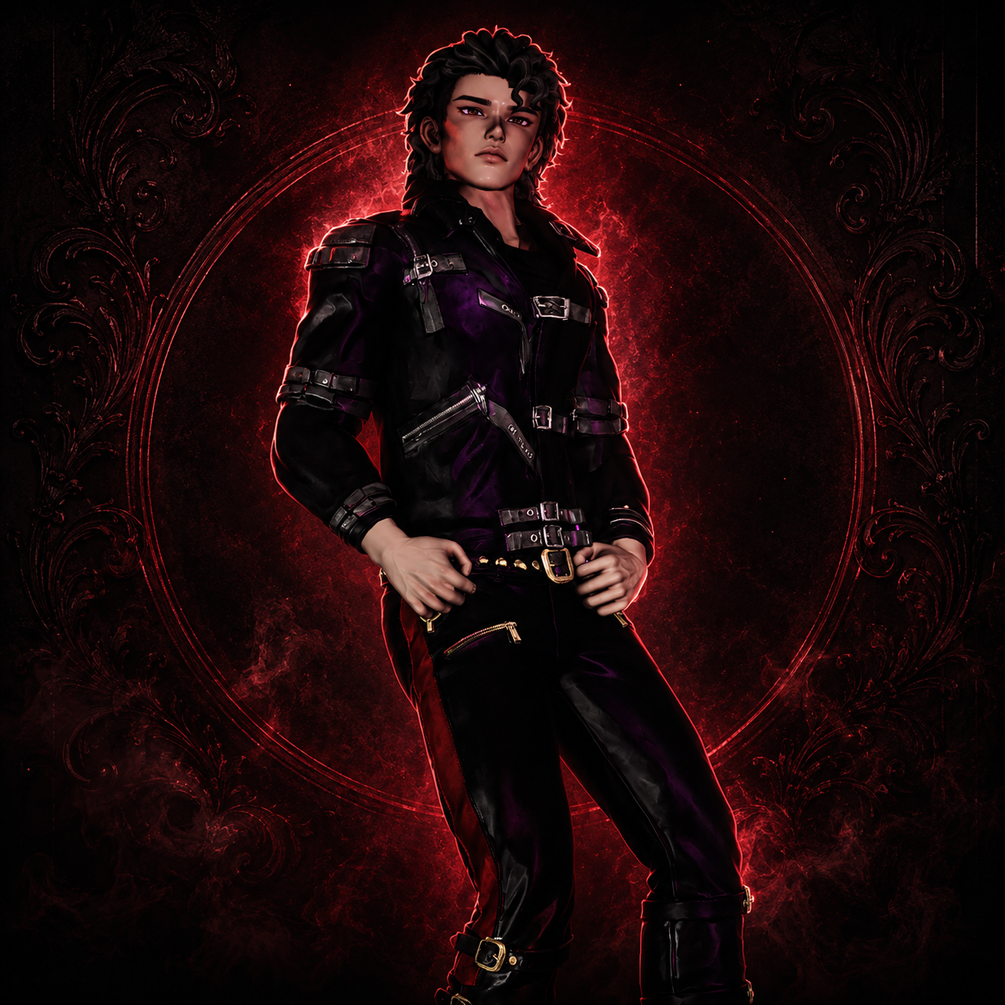Mikael — Crimson Thriller look, red leather jacket