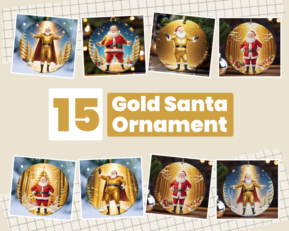 15 Gold Christmas Santa Ornament PNG Bundle, Gold Christmas Circle