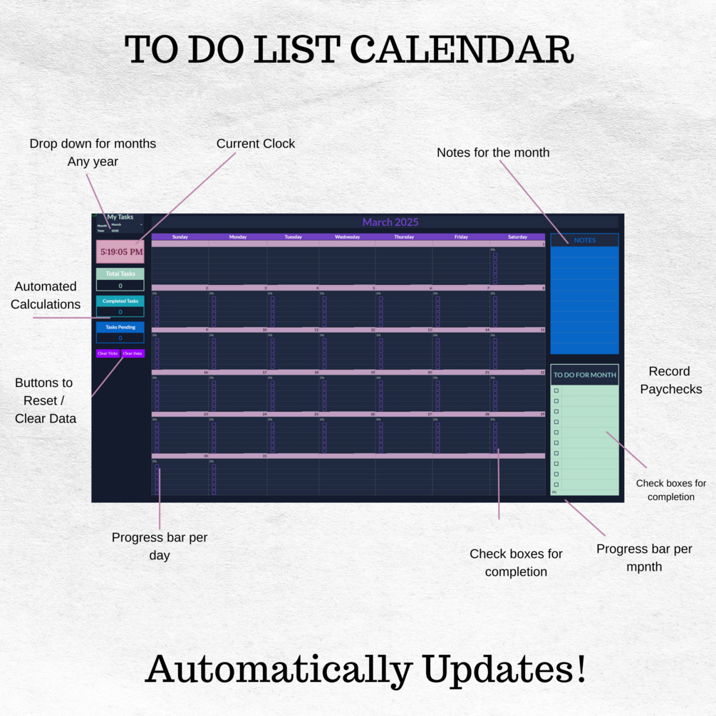 To Do List/Tracker Monthly Calendar for Google Sheets