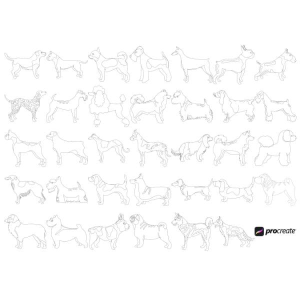 Cartoon Dogs Outlines Set 8 Procreate Brush Stamps, 30 Dog Brushes by Disasterology Ink
