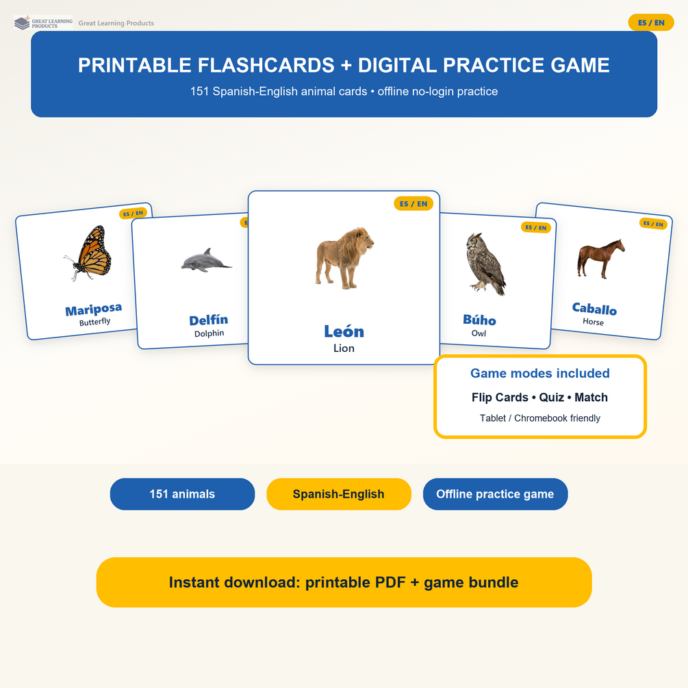 Spanish Animal Flashcards: 151 Printable Cards + Digital Practice Game