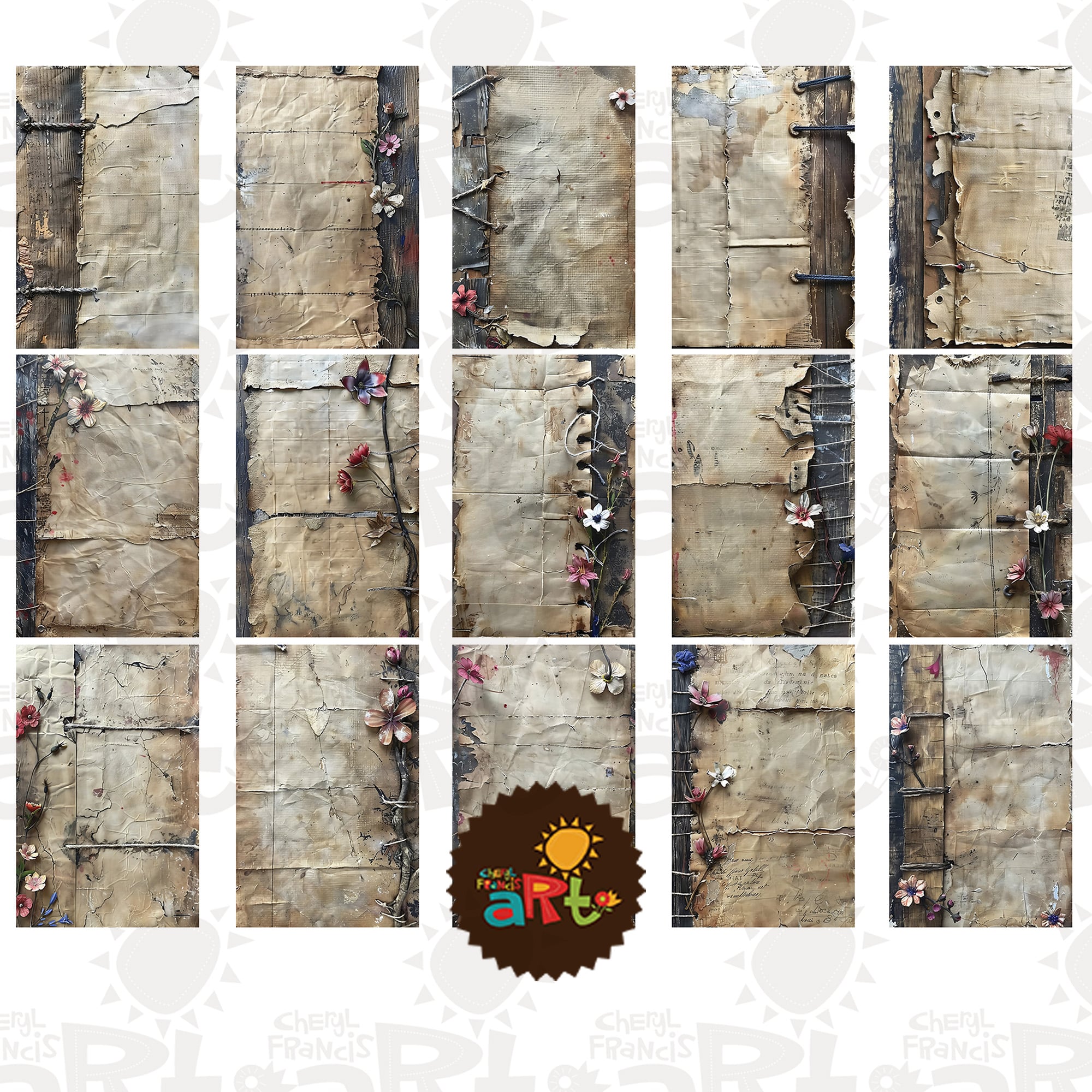 15 pc Rough Paper Assemblage Floral Rustic Printable Junk Journal Half ...