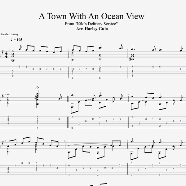A Town with an Ocean View (Kiki's Delivery Service) fingerstyle guitar tab PDF by Harley Guio