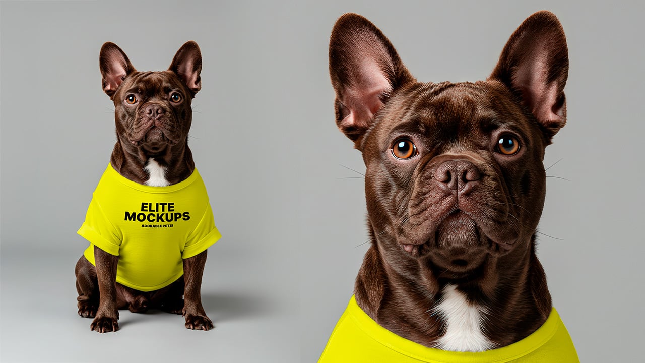 Dog wearing yellow T-shirt mockup, Smart Object artwork