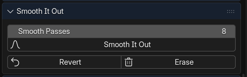 The Smooth It Out panel in Blender, with Smooth Passes, Smooth It Out, Revert and Erase