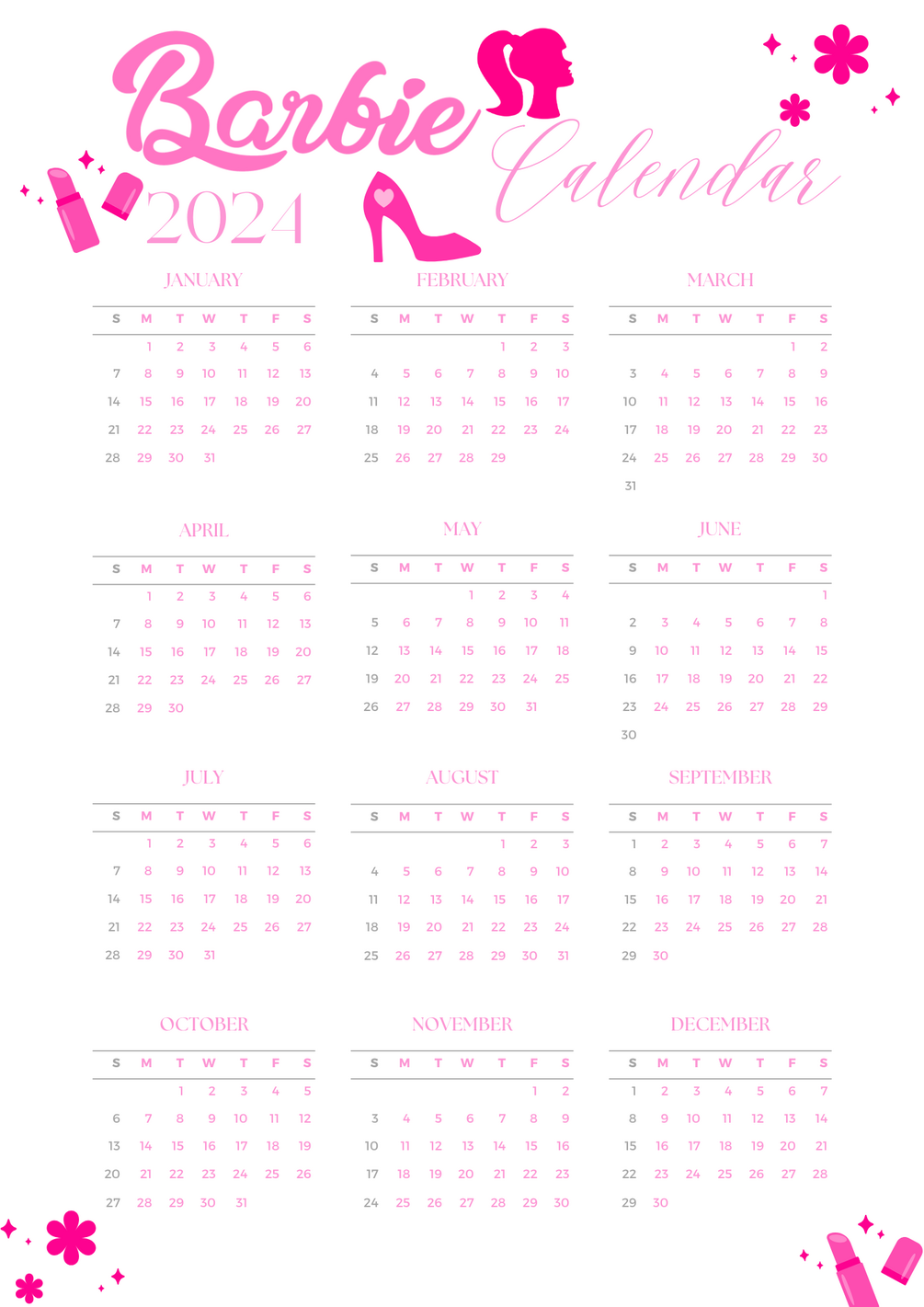Calendar Yearly Calendar Barbie Calendar Downloadable