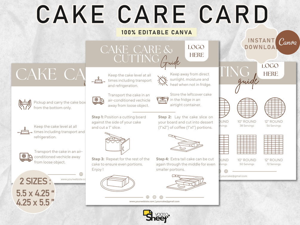 Cake Care Card, Cake Instructions, Cake Cutting Guide, Cake Order Form