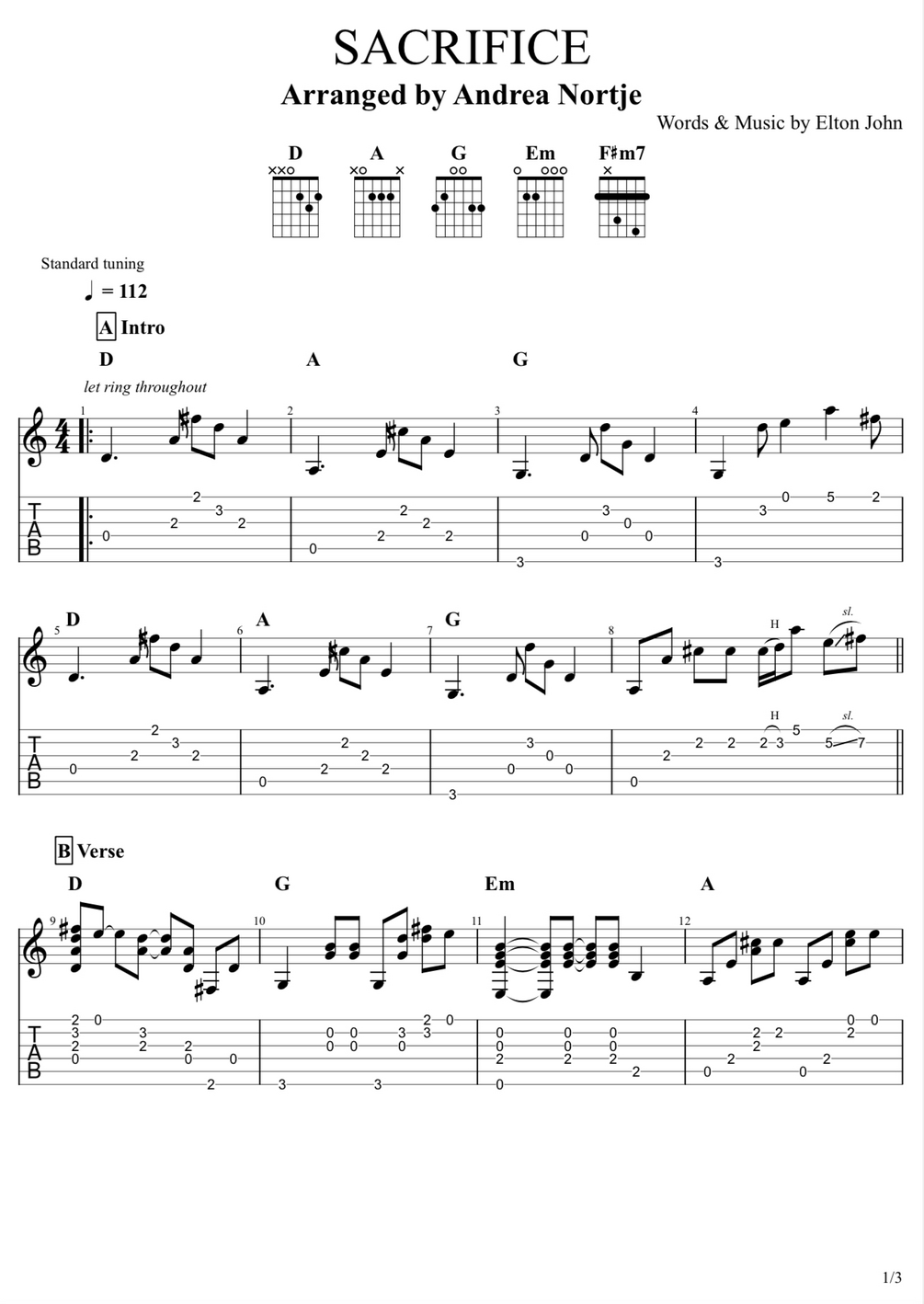 Sacrifice (Elton John) Fingerstyle guitar TABS