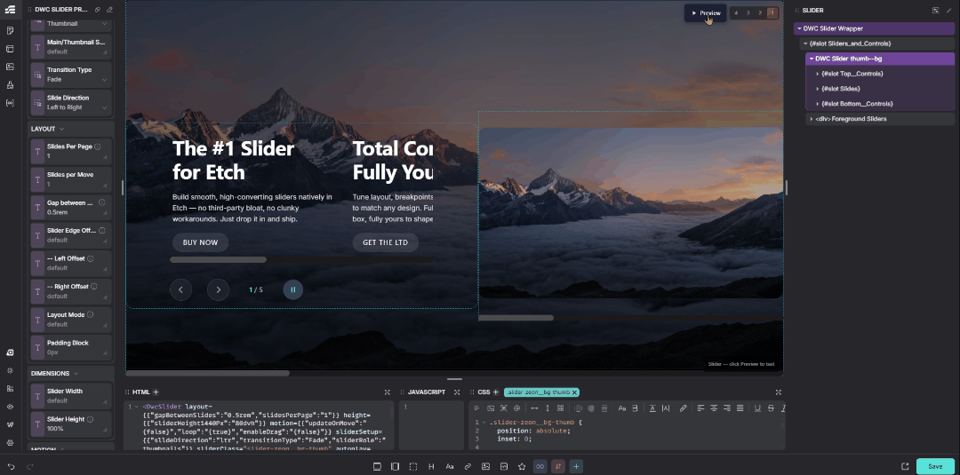 Building and previewing a slider directly inside Etch editor