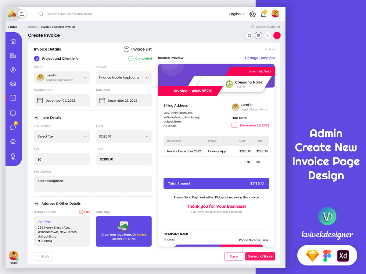 Admin Dashboard Create New Invoice Page Web UI Template