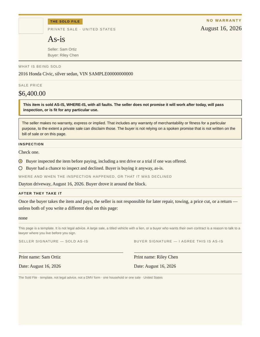 As-is page stating the vehicle is sold as-is with no warranty, with inspection checkboxes and signature lines.