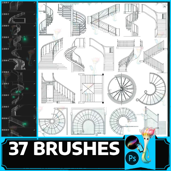 procreate brush ps brush stairs ladder line draft interior design building house illustration villa auxiliary by best procreate brushes