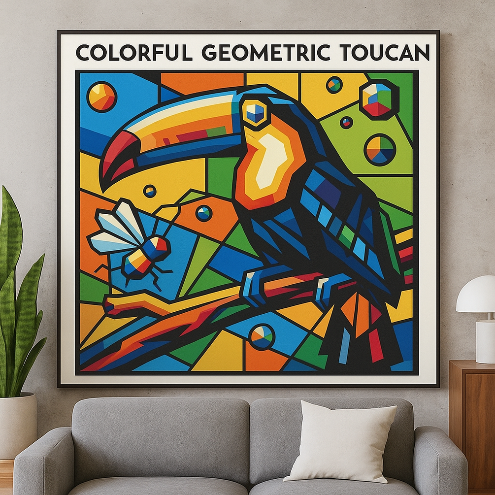 Colorful Cubist Toucan on Branch with Flying Insect