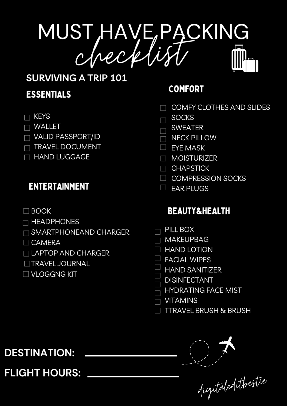 ULTIMATE travel packing checklist, travel planner, flight checklist
