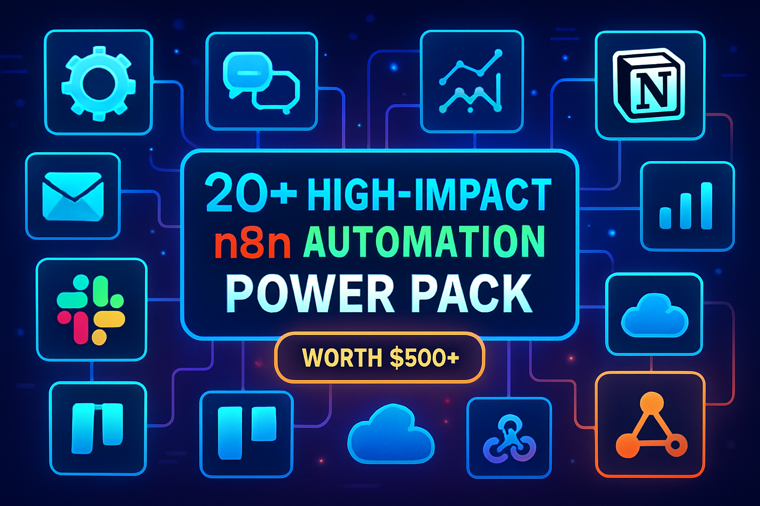 Vibrant digital banner showing “20+ High-Impact n8n Automation Power Pack worth $500+” with icons of workflow tools like Slack, Notion, Trello, and cloud apps.