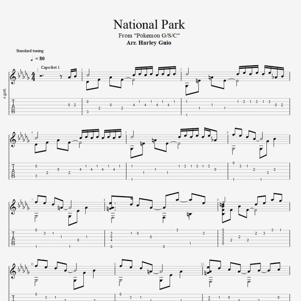 National Park (Pokemon Gold/Silver/Crystal) fingerstyle guitar tab PDF by Harley Guio