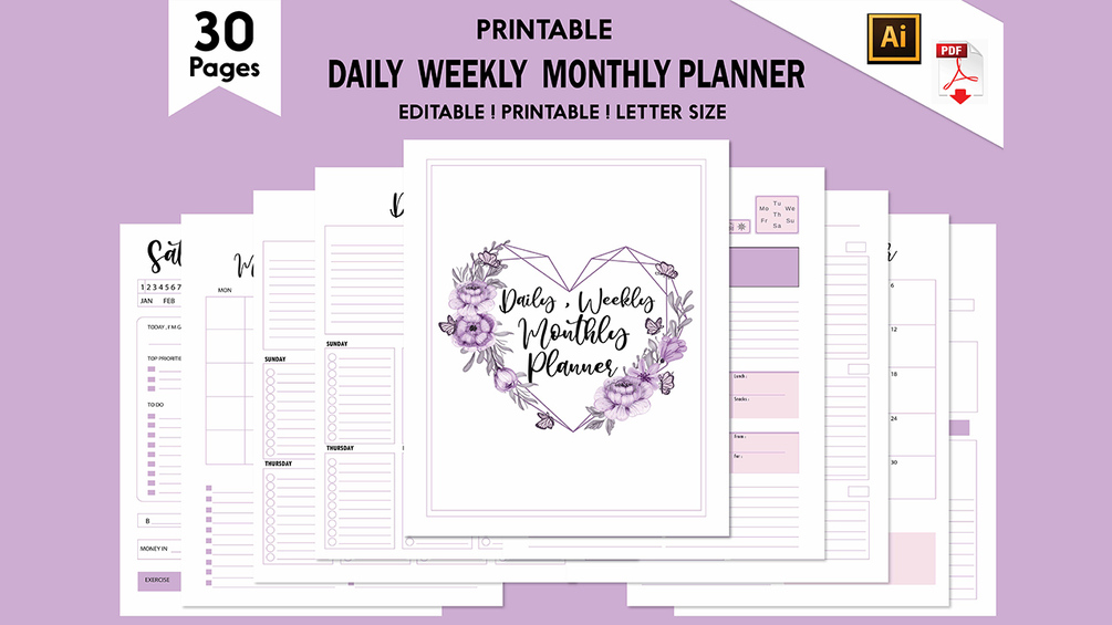Daily Weekly Monthly Planner, Planner Template, Editable Planner