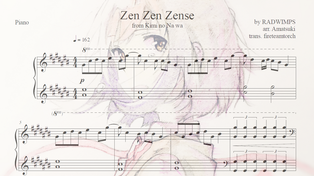 【Sheet music】 Zen Zen Zense (Kimi no Na wa OST) Amatsuki Arrangement