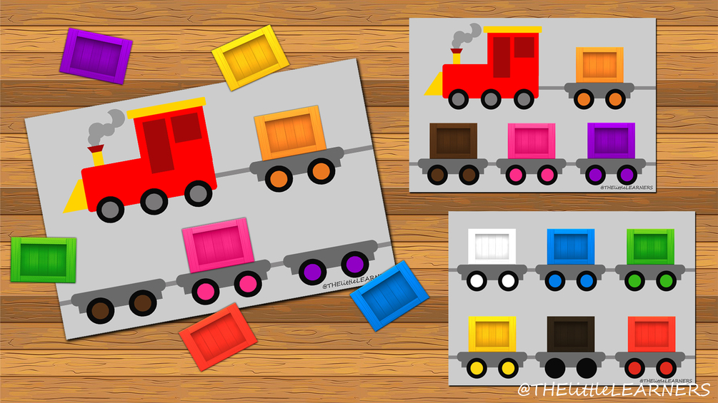Train colors RED, BLUE, BLACK matching worksheet