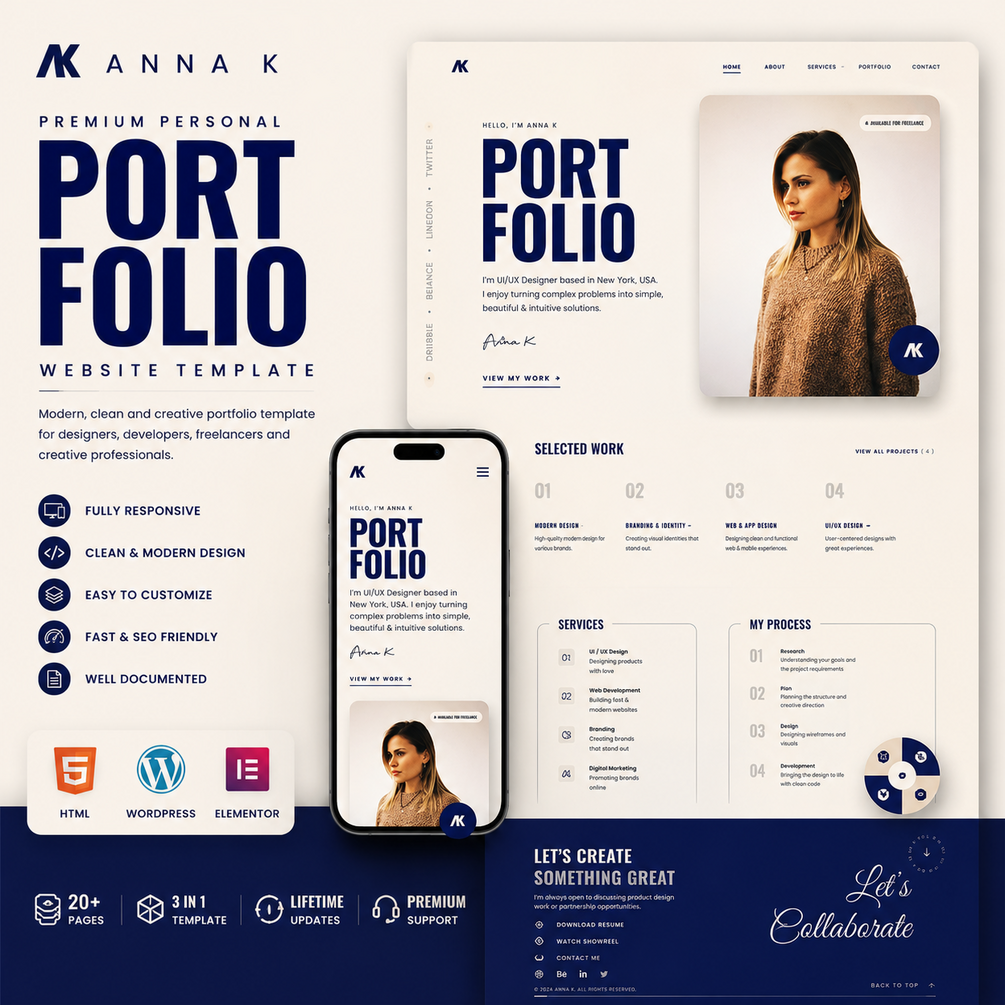 Wide desktop walkthrough for Anna K — Premium Personal Portfolio Website Template (HTML + WordPress + Elementor)