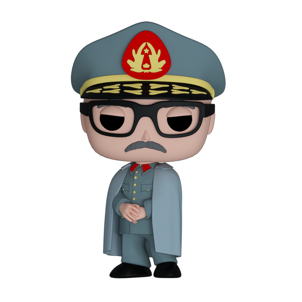 Figura estilo FUNKO de Augusto Pinochet con gafas oscuras y diseño de caja