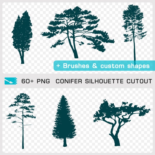 CONIFER SILHOUETTE CUTOUT - Traditional painting pack - 60+ PNG & FREE Brushes + Custom Shapes - Procreate Brush Pack