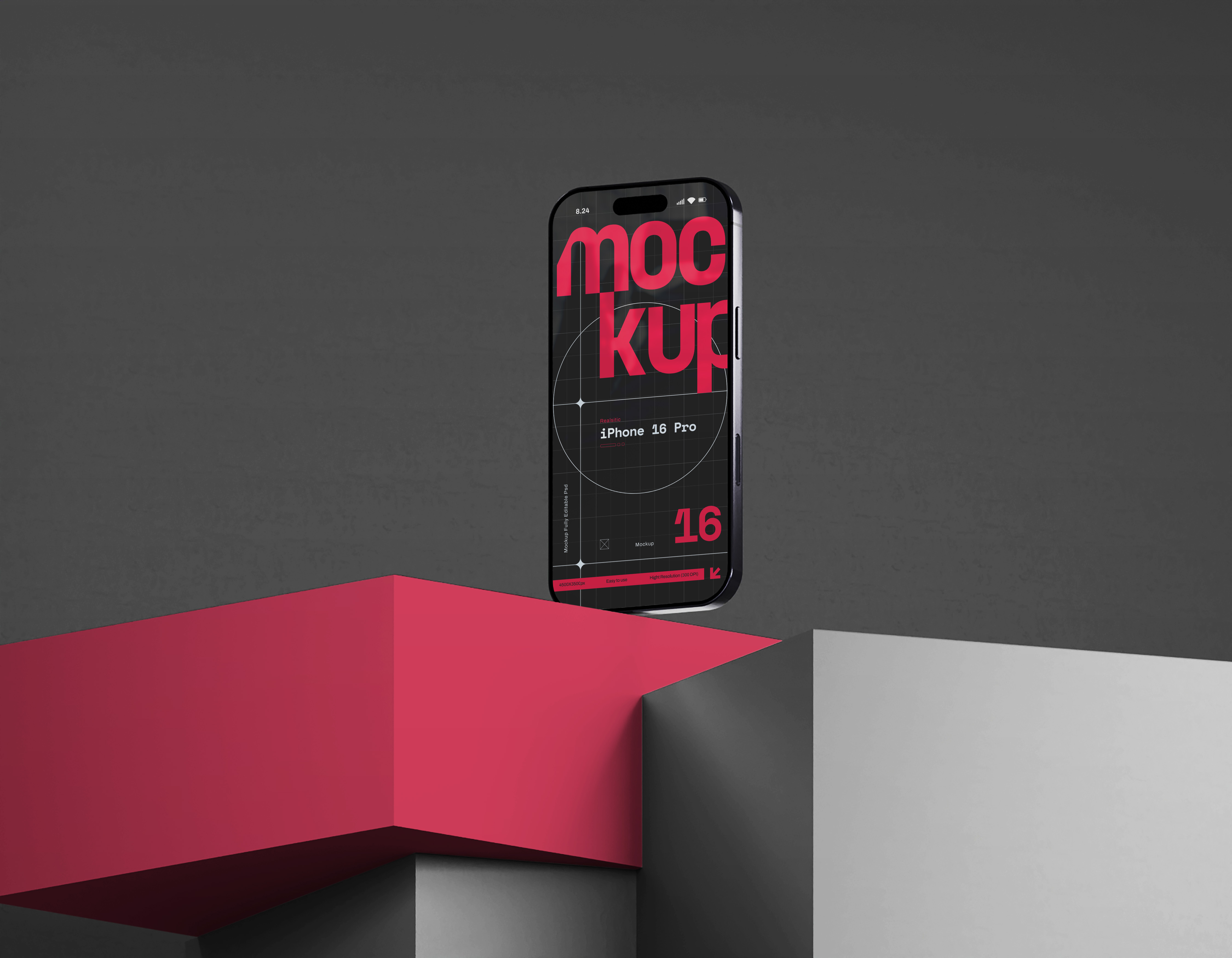 Free iPhone 16 Pro Mockup PSD stand view, Smart Object screen