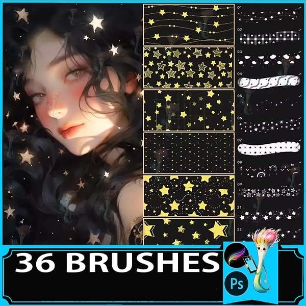 Procreate & Photoshop 36 Types Star Pattern・Sparkle Pattern Brush Set | Fabric・Background・Decoration・Color Adjustable by best procreate brushes